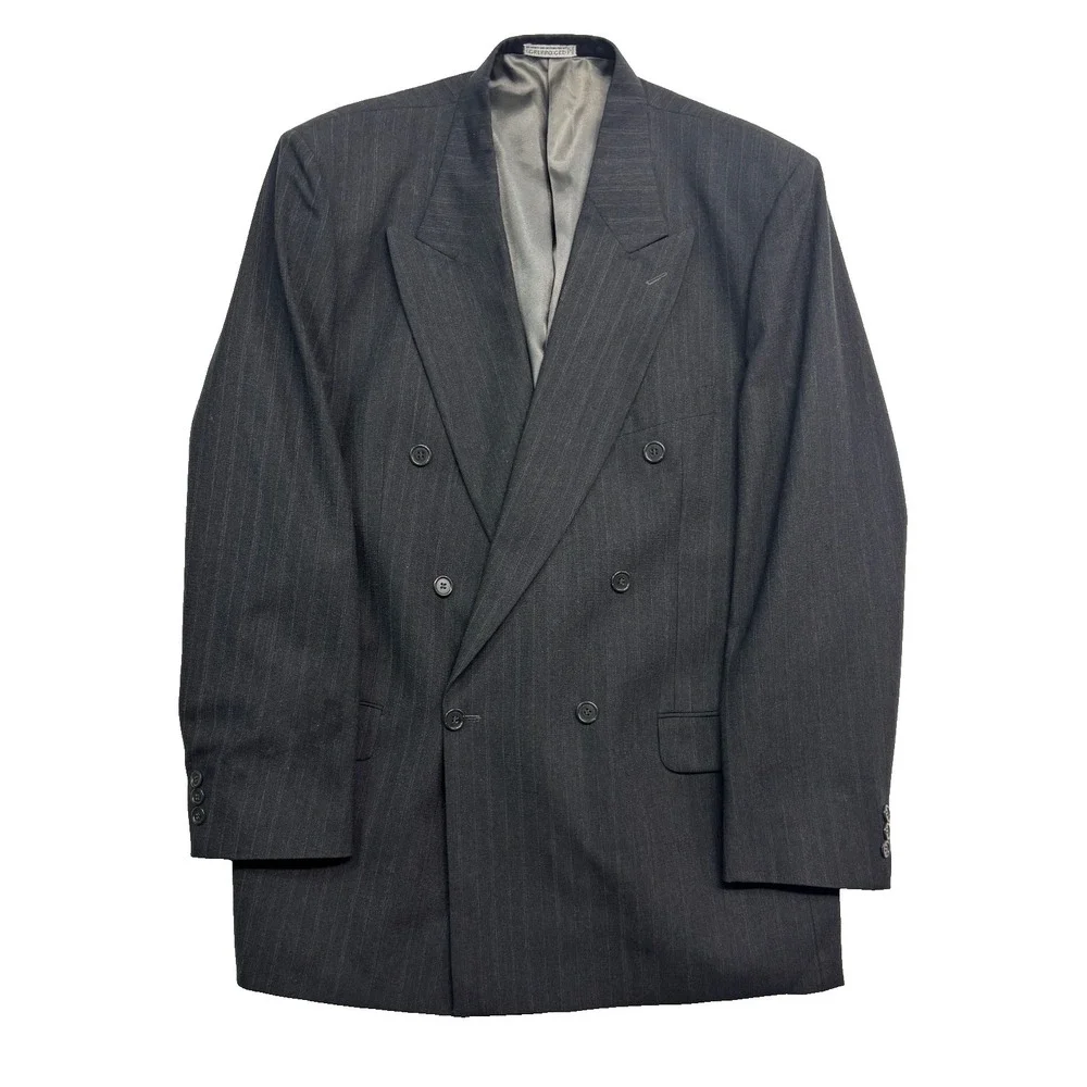 vtg 90s Double Breasted 42L 36x33 Gray Stripe 2pc Pant Suit Wool Profilo Pleated
